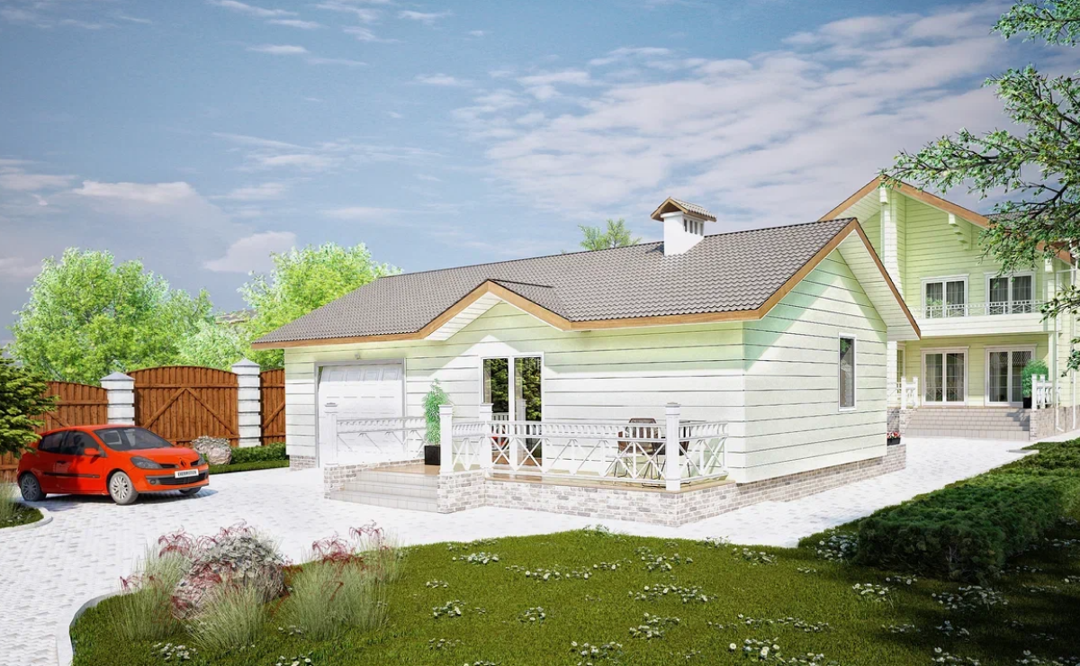Изучив стиль жизни семьи, увлечения и быт каждого члена, узнав их предпочтения в цветах, стиле, пожелания по организации пространства, я спроектировала дом из клееного бруса с верандой и мансардой с просторными балконами. Стены брусового дома не требуют отделки – ни снаружи, ни изнутри. Однако без красивого фасада теряется смысл благоустроенного участка, поэтому мы окрасили брус в нежно-зеленый цвет. Он созвучен природе вокруг и декоративным деревянным элементам белого цвета.<br>
Цокольные участки дома облицованы плиткой из натурального камня. Этот материал благодаря своим характеристикам, выполняет сразу несколько функций – декоративную и защитную. Кроме того, каменная плитка отличается морозостойкостью, водостойкостью, низким уровнем теплопроводности и отличными показателями экологичности. <br><br>

Так как дом проектировался для круглогодичного загородного проживания, в нем предусмотрены всё необходимое для жизни. <br><br>
Проект отличается грамотной и простой панировкой: на первом этаже расположена просторная гостиная со столовой, кухня и жилая комната (хозяйская спальня). На второй этаже расположены четыре изолированные жилые комнаты и санузел. <br><br>

Помимо дома на участке расположена баня с комнатой отдыха и зоной барбекю. Вся большая семья любит вместе готовить и собираться за общим столом. Отмечу, что в деревянном доме баню лучше делать в отдельном строении из-за вопроса пожаробезопасности и климата (дереву не на пользу постоянная влажность дереву). Для жилого дома и дома для отдыха, общения и очищения использовали только натуральные материалы и цвета природы, чтобы все способствовало обновлению и внутри, и снаружи. <br><br>

На участке в единый архитектурный ансамбль здания объединяют белые деревянные элементы – декоративные столбики, перила, оконные рамы. 
