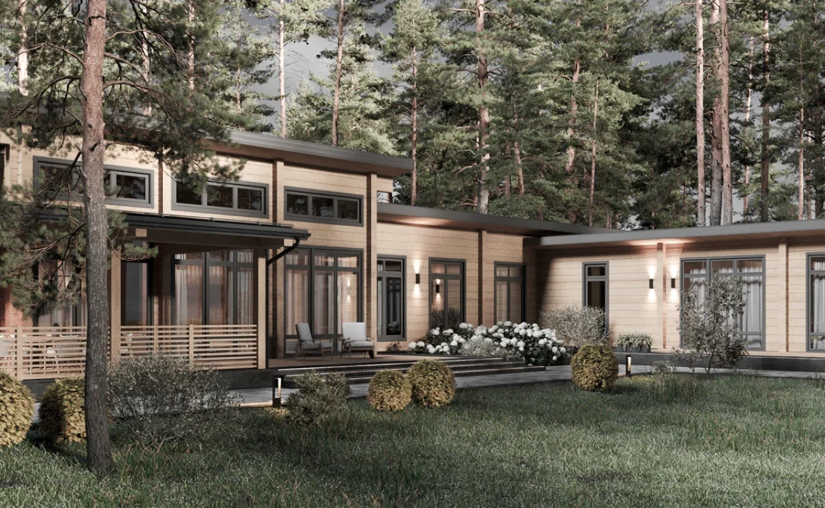 Внешний вид дома минималистичен, но при этом индивидуален за счет односкатной кровли, большого остекления и террас. Природа стала естественным продолжением архитектуры этого одноэтажного деревянного дома. Мы добились этого благодаря отделке фасада и обширному панорамному остеклению. Сочетание дерева и камня в постройке создаёт приятный вид. Помимо дерева и камня, современные производители предлагают и другие надёжные материалы. Но из какого бы материала ни был выполнен дом шале, главное при этом – создание гармоничной и удобной во всех смыслах постройки, пригодной для комфортного проживания. <br><br>

Дом спроектирован Г-образной формы. Конфигурация буквой Г выбрана неслучайно; строение специально построено подобным образом, дабы закрыться от соседей, участки которых расположены позади и справа. Вид из любой точки в доме открыт на участок. Мы сохранили все видовые зоны, на которые выходят панорамные окна и террасы, защитив их от постороннего «видового шума». Перед домом расположили террасу в 35 м², на которую можно попасть через столовую и гостиную, чтобы наслаждаться приятным завтраком/обедом/ужином на природе. <br><br>

Дом получился просторным и комфортным для жизни.  Главное место этого дома – большая просторная гостиная площадью 45,3 м² с потолком высотой 5,4 м и панорамным остеклением, которое открывает вид на участок и прилегающий к нему лес. Здесь семья планирует проводить большую часть свободного времени. <br><br>

В кухне мы предусмотрели много мест для встраиваемой техники и хранения, а также спроектировали кухонный остров для зонирования пространства и дополнительной площади для готовки. К кухне примыкает небольшая кладовая с морозильными камерами. <br>
 В доме пять спален. Блок спален традиционно отделен от общественных зон. В детских комнатах много места для игр и занятий, они просторные и светлые. Спальня родителей со своей ванной и гардеробной максимально удалена от шумных помещений. <br>
Но главной изюминкой проекта мы считаем СПА-зону. В комплекс домашнего СПА входит бассейн, 2 сауны, раздевалки, душевые, санузлы, а также тренажерный зал. Под бассейном спроектировано техническое помещение, в котором располагается оборудование для обслуживания бассейна. <br><br>

При строительстве дома уделили внимание и ландшафтному дизайну. Дизайн-проект предусматривает проектирование и планирование территории. Важным было не просто разбить ее на зоны и разместить объекты, но и объединить их с постройкой функционально и стилистически. Разработаны чертежи проведения инженерно-строительных работ (организации автоматической системы полива, устройства ливневого водоотведения, проводки наружного освещения). <br>
Среди хвойных посадок размещены кустарники и композиции цветов. Этот сад прекрасен в любое время года. Летом манит пройтись босиком мягкий травяной газон. На фоне зелени цветными огоньками вспыхивают однолетники. Осенью солистами выступят вечнозеленые деревья и кустарники. Зимой к ним присоединятся графичные силуэты елей. <br><br>

Хозяйка осталась довольна: теперь она чувствует себя на отдыхе круглый год!