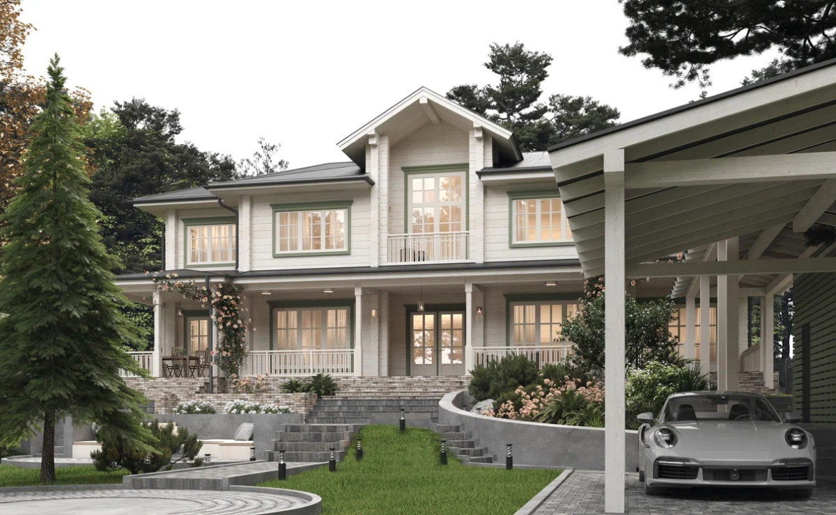 В проекте загородного дома удачно сочетается удобство, внешняя привлекательность и функциональность строения, где жилое пространство используется с максимальной эффективностью. <br><br>
Дом выполнен из клееного бруса 240х240мм, а цоколь – из клинкерного кирпича. Клинкерный кирпич – один из наиболее долговечных материалов, способный сохранять свои характеристики в течение нескольких десятилетий. Плюс такой кирпич создаёт более органичный внешний вид постройки. <br><br>

Интересная архитектурная деталь – небольшая крытая галерея, ведущая от парковки ко входу в дом. В дом можно попасть и через центральный вход. <br><br>

Планировка традиционного «американского дома» должна быть удобна для всех членов семьи. Поскольку семья состоит из шести человек (папа, мама, близняшки, сын и дочь), то каждому члену семьи была спроектирована отдельная комната. Родительская спальня находится на максимально возможном удалении от детских (в таких мелочах проявляется право на независимость и личную жизнь). К спальне примыкает отдельная ванная комната. <br><br>
Поскольку дом двухэтажный (а именно такой тип встречается чаще всего в американской архитектуре), то приватная зона располагается на втором этаже (четыре спальни, два санузла, гардеробная и балкон), а на первом – кухня, столовая, холл и гостиная, гостевая. Мы также добавили небольшую сауну и тренажерный зал. <br><br>
С первого этажа выход ведет на комфортную крытую террасу, крыша которой защищает от дождя и палящего солнца. На большую террасу перед домом можно попасть с главного входа в дом или из столовой и тренажёрного зала. Ее специально сделали на всю ширину дома, чтобы можно было любоваться растениями, ландшафтом и видом на реку. Поэтому дом и расположили в глубине участка, откуда открывается прекрасный вид. <br><br>

Интересной деталью стал второй свет, который спроектирован в гостиной. Как правило, общая комната – помещение просторное. И освещение в такой гостиной должно быть тщательно продуманным. Поэтому мы руководствовались важным правилом: помимо общего света в гостиной под каждую задачу продумали отдельный островок освещения. <br><br>

Этот проект двухэтажно дома получился продуманным, функциональным и эстетичным. Когда красиво и удобно – тогда хорошо!
